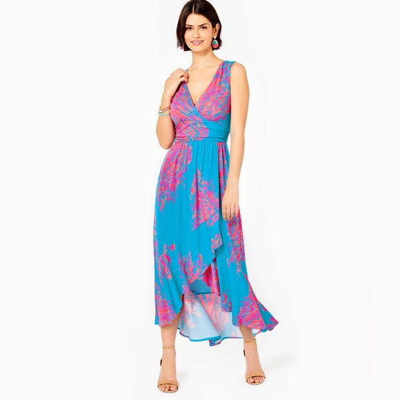 Lilly Pulitzer Dresses & Skirts - EUC Lilly Pulitzer Moana Wrap V Neck Maxi Dress Size XS Womens Turquoise Pink
